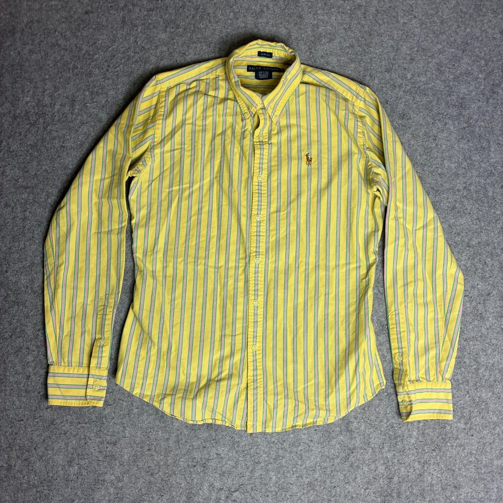 Ralph Lauren Shirt Womens Size 8 Yellow Pink Striped Slim Fit Cotton Button Down